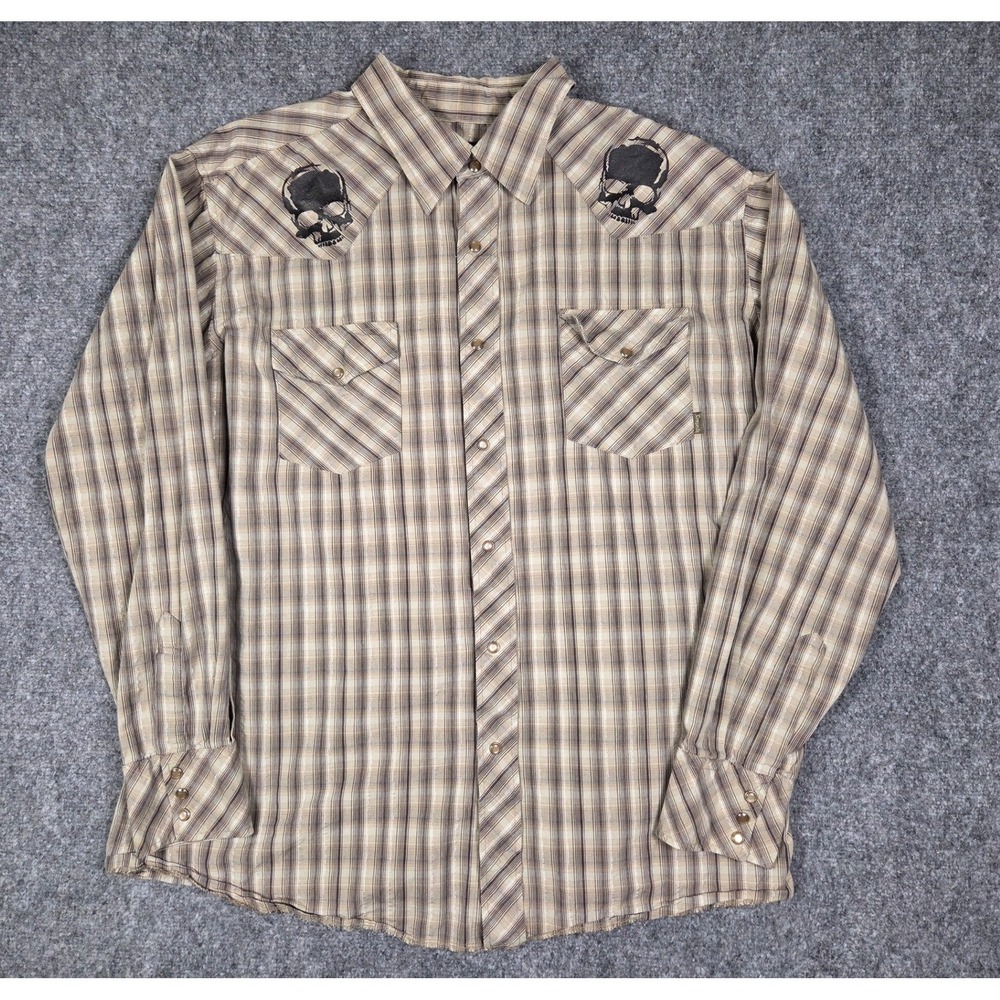 Dragonfly Clothing Co Button Up Shirt Mens XXL Tan Plaid Embroidered Skulls Snap